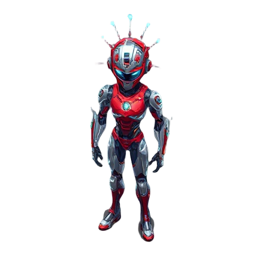 isometric cyberpunk character, ai doctor supreme, fully integrated cyborg appearance, translucent body showing internal circuitry, quantum processor crown, ethereal energy aura, red and silver color s