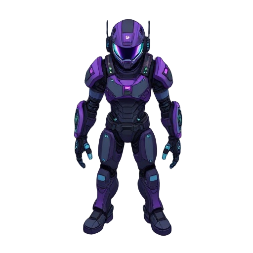 isometric cyberpunk character, automation master, full exoskeleton suit with glowing circuits, advanced neural interface headset, mechanical limbs with visible servos, commanding stance, purple and go