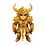 create a powerful fantasy warrior wearing gleaming golden armor with intricate designs. the warrior has a horned helmet with two large, curved horns and carries a mighty sword sheathed at their waist. the armor should look both majestic and battle-worn, w