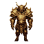create a powerful fantasy warrior wearing gleaming golden armor with intricate designs. the warrior has a horned helmet with two large, curved horns and carries a mighty sword sheathed at their waist. the armor should look both majestic and battle-worn, w