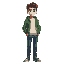 a maroon haired 18 years old teenage boy with a green hoodie and a white tee-shirt inside and blue pants and dark shoes , 32x32