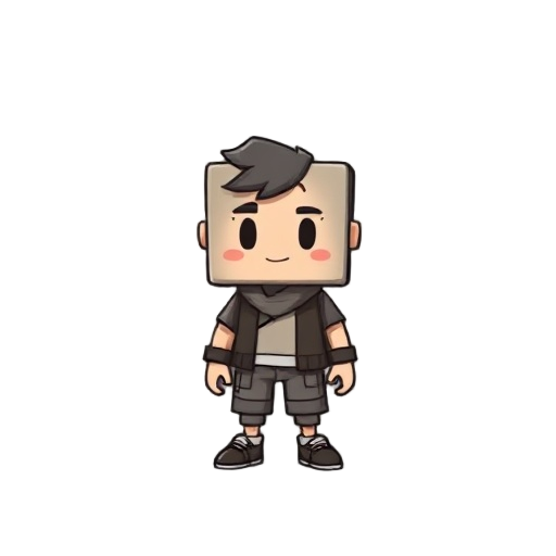 a box-shaped character with a facial expression and wearing clothes