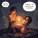 he kneels beside lira, hands glowing over her wound. channel energy, healing her but draining yourself. "you saved me," she says in awe. but your immortality fades, the cost of your sacrifice.
