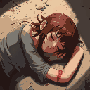 young woman with brown hair, lying on her back, on the ground with a wound