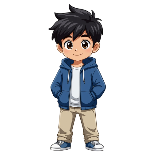 seorang bocah laki-laki 17 tahun berambut hitam, mata coklat, mengenakan jaket hoodie biru, celana krem, dan sepatu putih. berdiri tegak dan tersenyum tipis. gaya anime