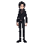 a tall 2d character with black hair and brown eyes, wearing dark clothes. the character has a sleek and mysterious appearance, with a confident stance. the background is transparent