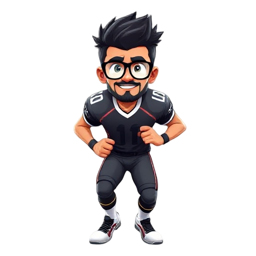 generate a highly detailed football player in a running stance. he has spiky black hair, sports glasses and a small beard