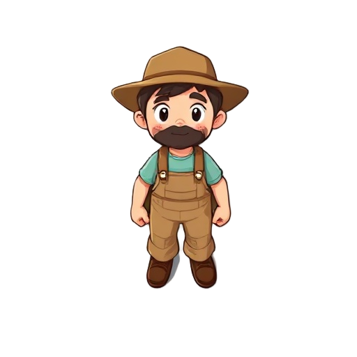a farmer looking character in a chibi art style