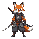 make a samurai with a katana but straight not on his side but on his back so he can pull from behind and hide it under his cape a and the character is fox head with a human body and white mask