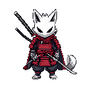 make a samurai with a katana but straight not on his side but on his back so he can pull from behind and hide it under his cape a and the character is fox head with a human body and white mask