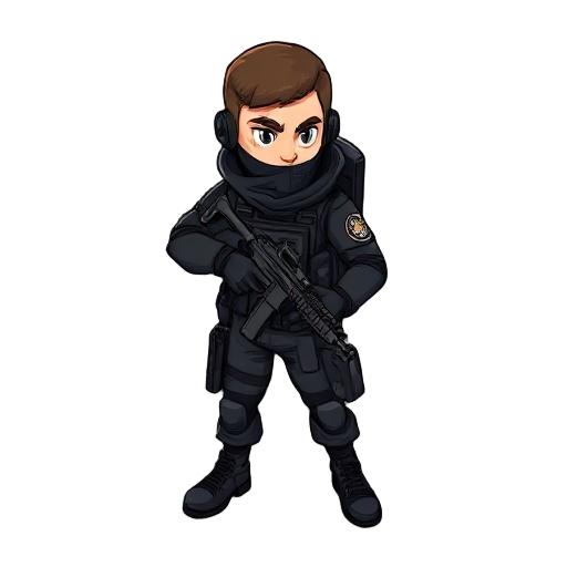 stylized cartoon military infiltrator character, dressed in black tactical gear, lean athletic build, sharp facial features, small weapon with silencer, tactical knife, minimal black equipment