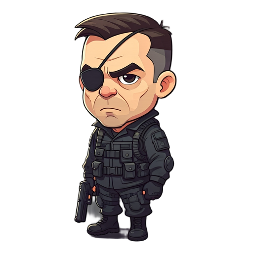 chibi soldier adult face, mature masculine features, huge disproportionate head, tiny body, eye patch, black tactical gear, pistol, serious expression, vector style, gray background