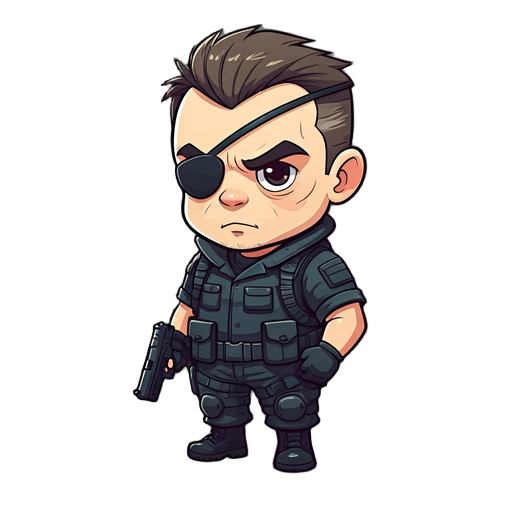 chibi soldier adult face, mature masculine features, huge disproportionate head, tiny body, eye patch, black tactical gear, pistol, serious expression, vector style, gray background