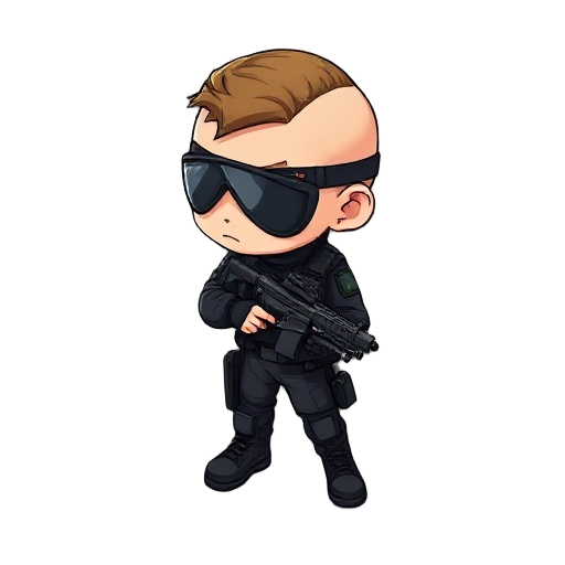 chibi soldier big head, oversized disproportionate head, tiny body, eye patch, black tactical uniform, pistol, military boots, vector cartoon style, side pose, gray background