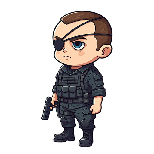 chibi soldier big head, oversized disproportionate head, tiny body, eye patch, black tactical uniform, pistol, military boots, vector cartoon style, side pose, gray background