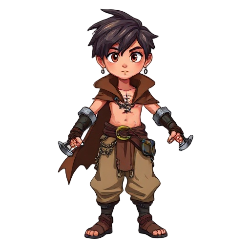 a young boy with long, messy hair, earrings, a torn brown cloak, no shirt, and scars on his chest. he wears baggy beige pants and metal chains around his waist and legs. on his hands are scrap gauntle