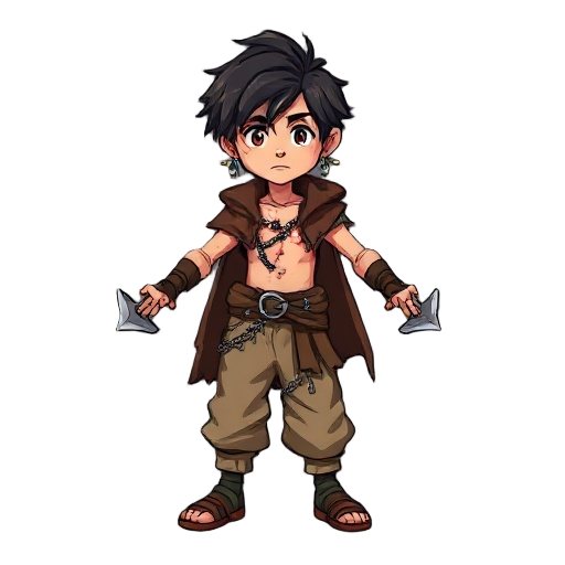 a young boy with long, messy hair, earrings, a torn brown cloak, no shirt, and scars on his chest. he wears baggy beige pants and metal chains around his waist and legs. on his hands are scrap gauntle