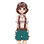 17-year-old girl short shoulder-length red hair, wears goggles on her head, white shirt with rusty brown suspenders, teal shorts