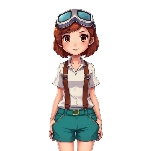 17-year-old girl short shoulder-length red hair, wears goggles on her head, white shirt with rusty brown suspenders, teal shorts