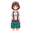 17-year-old girl short shoulder-length red hair, wears goggles on her head, white shirt with rusty brown suspenders, teal shorts