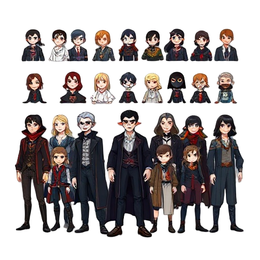 common humans, based on vampire the masquerade. a single image with the 20 characters in a sprite atlas with a transparent background