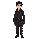 man in his mid-thirties with short, messy black hair and dark eyes. pale skin marked by cold and faint scars. wears simple dark wool and leather clothes, sturdy and worn, with a calm, focused look and a small notebook always tied to his belt.