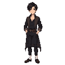 black hair man in the twenties with a fine long shirt and a black shirt and black pants with dark eyes and fine shoes and white socks, his clothes are just a little bit medieval