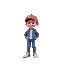 young boy wearing a red cap, a blue jacket, blue jeans, and white sneakers. the boy is standing in a casual pose, with a friendly expression.
