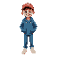 young boy wearing a red cap, a blue jacket, blue jeans, and white sneakers. the boy is standing in a casual pose, with a friendly expression. 