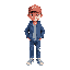 young boy wearing a red cap, a blue jacket, blue jeans, and white sneakers. the boy is standing in a casual pose, with a friendly expression.