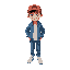 young boy wearing a red cap, a blue jacket, blue jeans, and white sneakers. the boy is standing in a casual pose, with a friendly expression. 