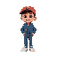 young boy wearing a red cap, a blue jacket, blue jeans, and white sneakers. the boy is standing in a casual pose, with a friendly expression. 