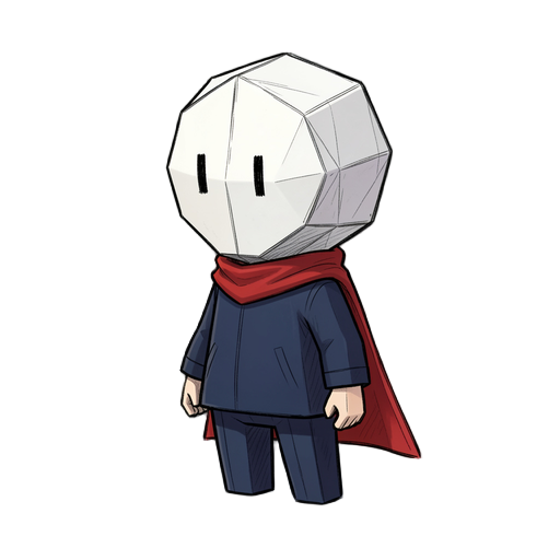 create a origami boy with white paper-like head with visible fold lines. simple black vertical-line eyes. dark blue clothing. a red scarf or cape, more visible in the side and back views. pencil sketch art style with light shading and rough hand-drawn lin