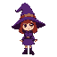 cartoon style, a girl dressed as a witch, big purple hat, shoulder-length red hair and expressive green eyes
