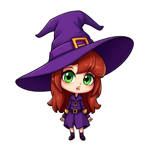 cartoon style, a girl dressed as a witch, big purple hat, shoulder-length red hair and expressive green eyes