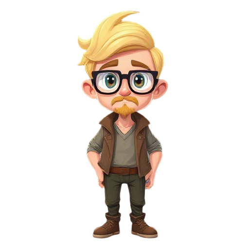 create an adventure character, he is blond with cupid hair and wears prescription glasses, has a goatee and wears mature clothes with short shoulders and is very thin.