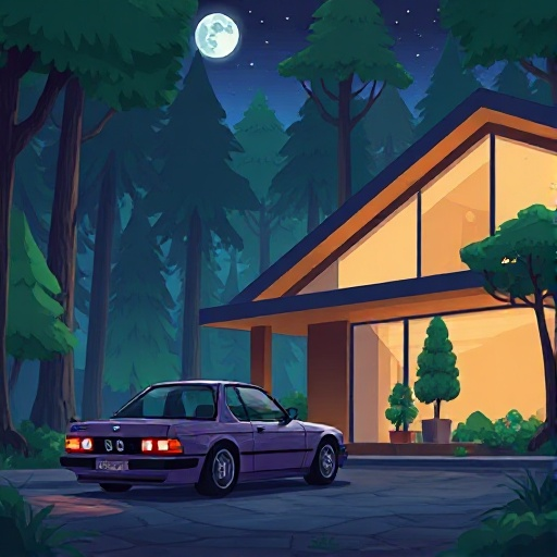 create me an environment for my 2d game. i want to see a night forest with a modern house, next to which there will be a bmw e38.