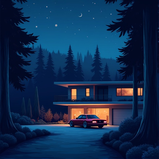 create me an environment for my 2d game. i want to see a night forest with a modern house, next to which there will be a bmw e38.
