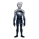 a humanoid being with a male body without a mouth and with completely white and bright eyes and with a universe inside its body with galaxies and stars visible inside it