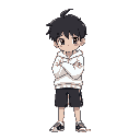 a boy with black hair and wearing a white high-necked sweatshirt with wide sleeves and also wearing black shorts with his arms crossed