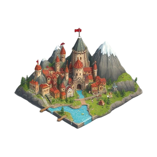 uma cidade medieval com montanhas e riacho