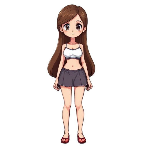 a girl with long brown hair and i want her bottomless in a model similar to old games