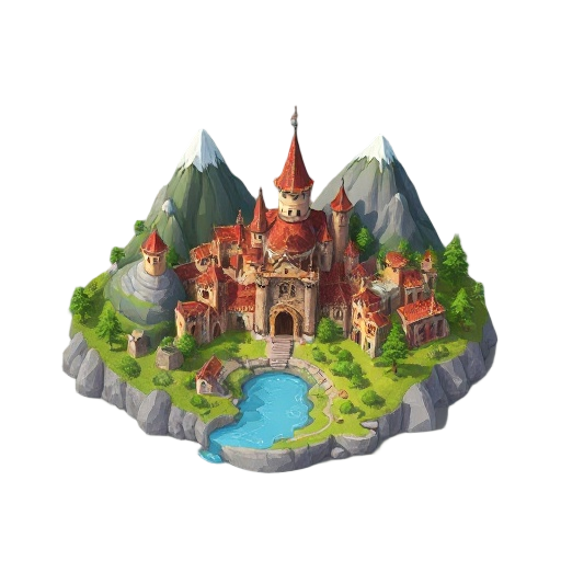 uma cidade medieval com montanhas e riacho