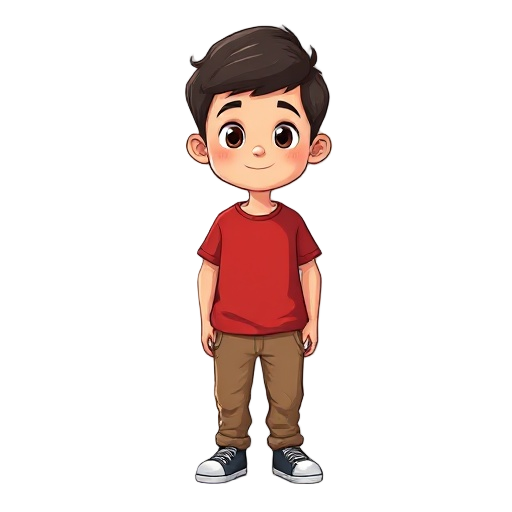 a boy wearing a red t-shirt and brown pants