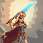 athena, greek woman goddess, with a big sword above his head with a big saturated light