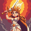 athena, greek woman goddess, with a big sword above his head with a big saturated light