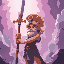 athena, greek goddess, with a big sword above his head with a big saturated light