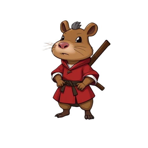 the initial character is a real capybara that has a samurai style with a red outfit, no hair on its head and carries a wooden sword on its back