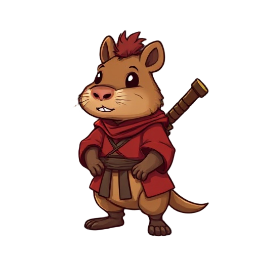  the initial character is a capybara that has a samurai style with red clothes, no hair on its head and carries a wooden sword on its back