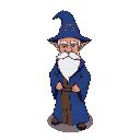 wizard in blue robes, white hair and beard, pointy hat